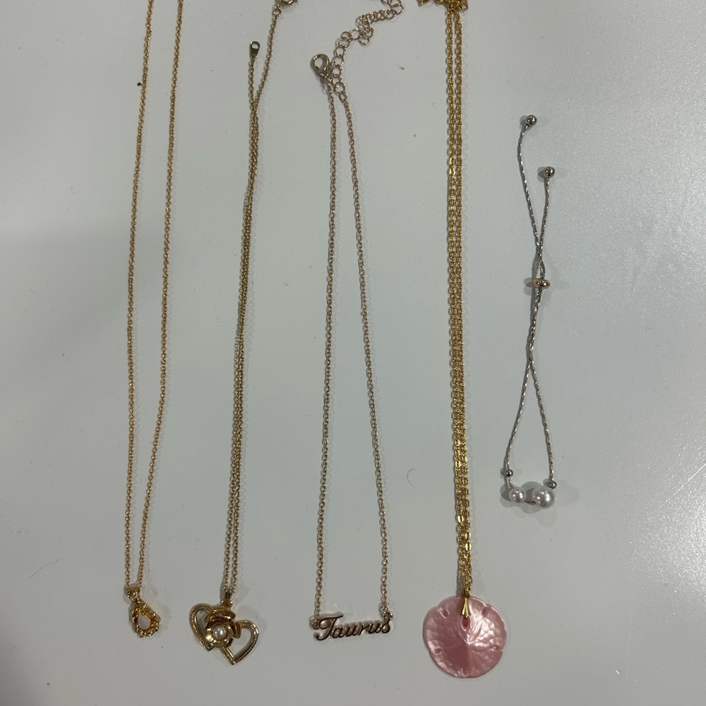 Gold and Silver Tone Women's Necklace Set with Pink Disc and Taurus Pendant
